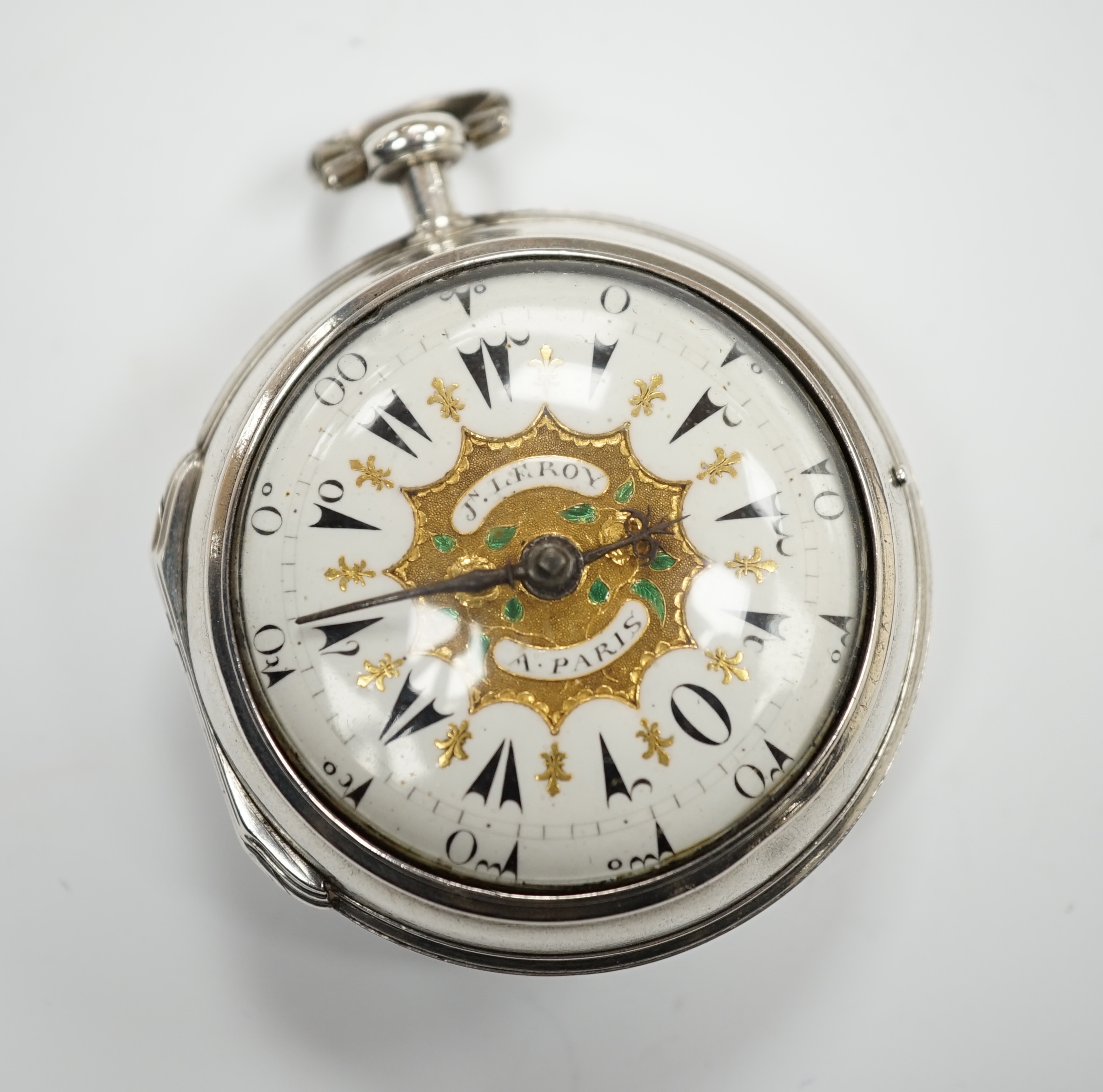 A late 18th century French white metal keywind verge open face pocket watch for the Turkish market, by Jn. Leroy of Paris, the signed movement numbered 10791, case diameter 50mm.